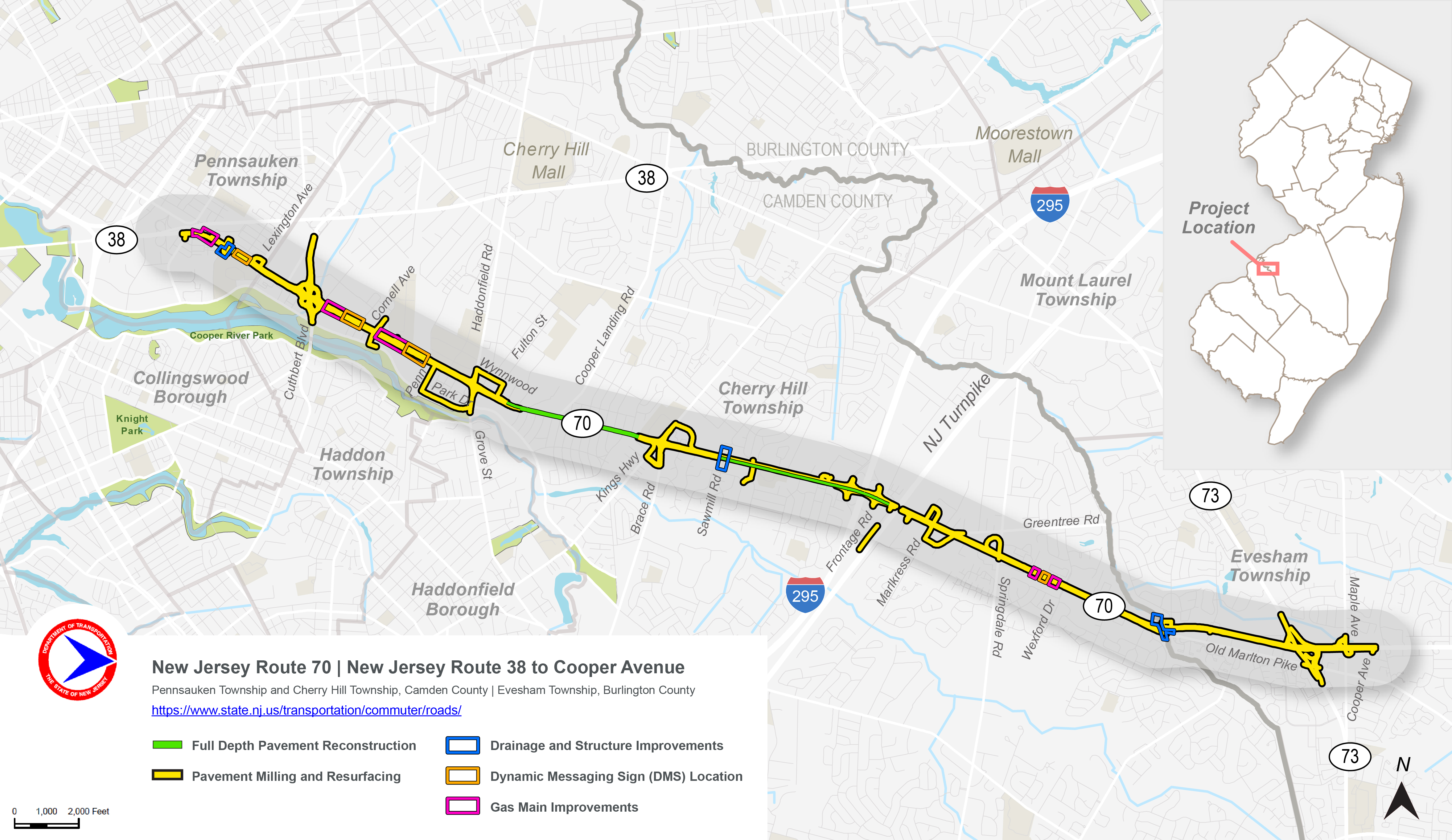 Route 70, Route 38 to Cooper Avenue project limits map
